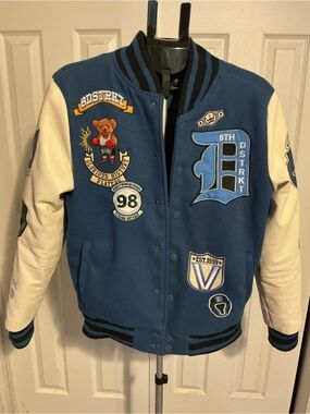 Men’s Blue & White Varsity-Style Jacket with Patches